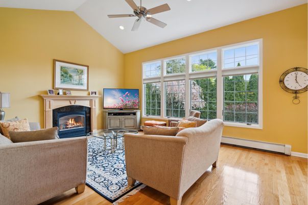 Fireplace, Interior, Living room, Recessed Lighting, Wood Texture Flooring