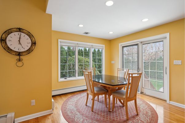 Dining room, Interior, Recessed Lighting, Wood Texture Flooring
