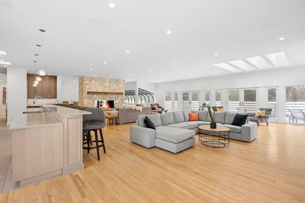 Fireplace, Interior, Kitchen, Living room, Pendant Lights, Recessed Lighting, Wood Texture Flooring