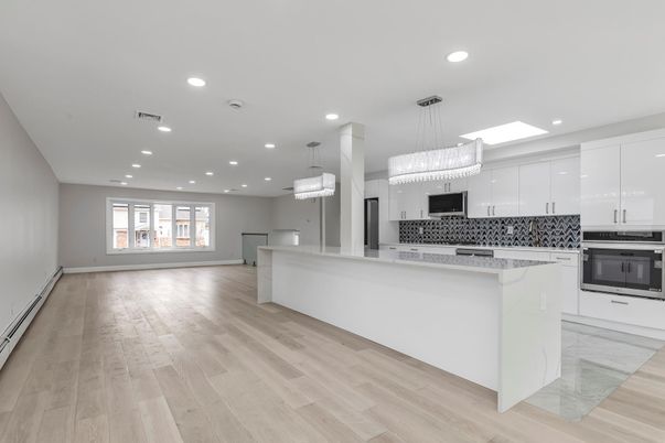 Chandelier, Interior, Kitchen, Pendant Lights, Recessed Lighting, Stainless Steel Appliances, Wood Texture Flooring