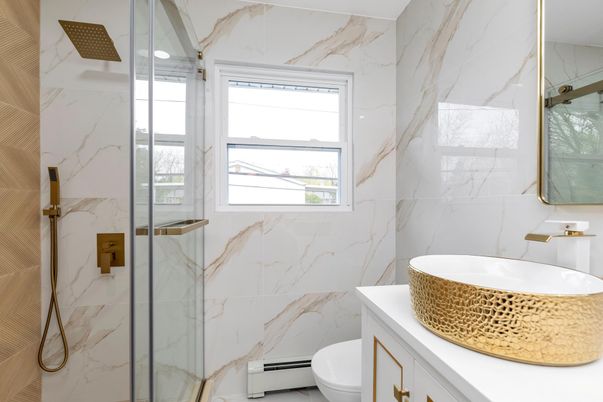 Bathroom, Glass Shower, Interior, Marble Walls