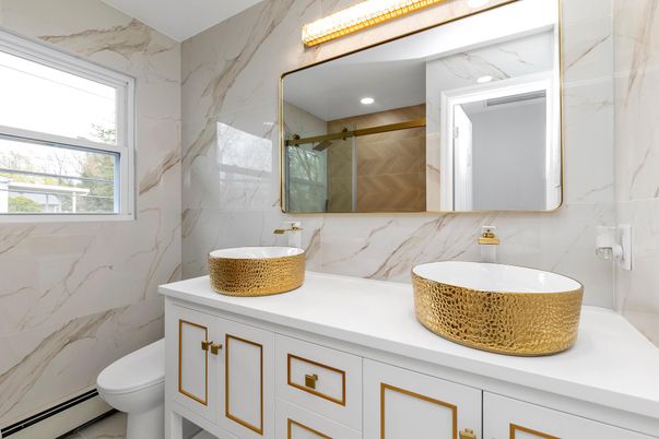 Bathroom, Dual Sink Vanities, Interior, Marble Walls, Recessed Lighting