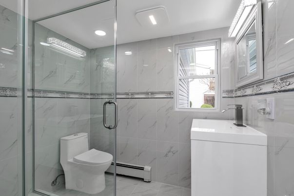 Bathroom, Glass Shower, Interior, Marble, Marble Walls, Recessed Lighting