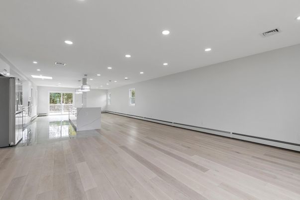 Empty room, Interior, Pendant Lights, Recessed Lighting, Wood Texture Flooring