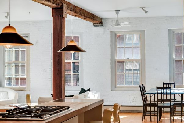 Dining room, Interior, Kitchen, Pendant Lights, Stone Walls, Wood Texture Flooring