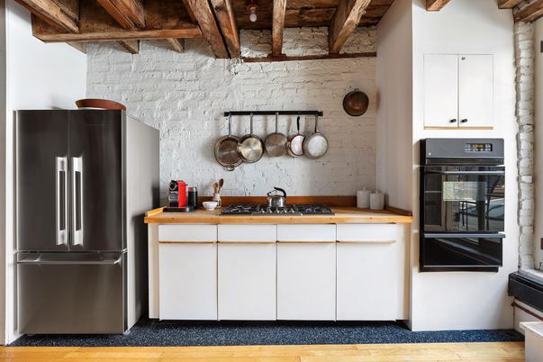 Interior, Kitchen, Stone Walls, Tile Countertops, Wooden Beams, Wood Texture Flooring