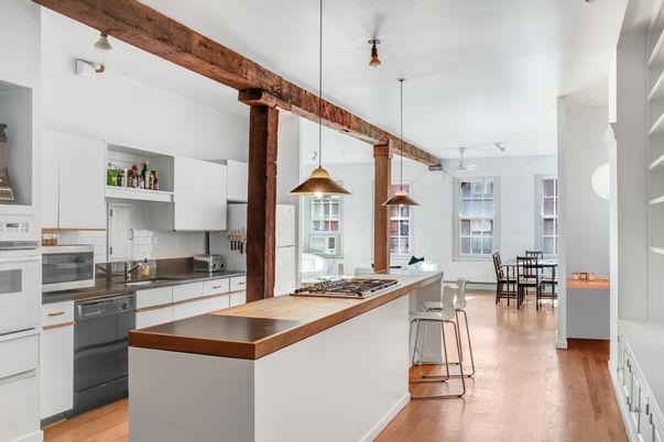 Dining room, Interior, Kitchen, Pendant Lights, Stainless Steel Appliances, Wooden Beams, Wood Texture Flooring