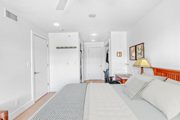Bedroom, Interior, Recessed Lighting, Wood Texture Flooring