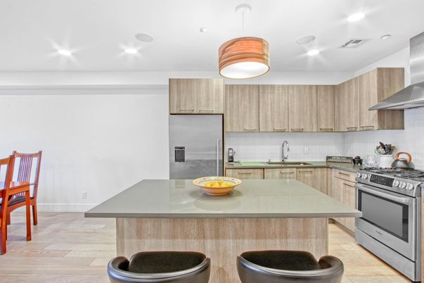 Interior, Kitchen, Pendant Lights, Recessed Lighting, Stainless Steel Appliances, Wood Texture Flooring
