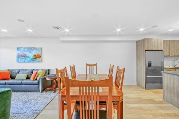 Dining room, Interior, Kitchen, Living room, Recessed Lighting, Wood Texture Flooring