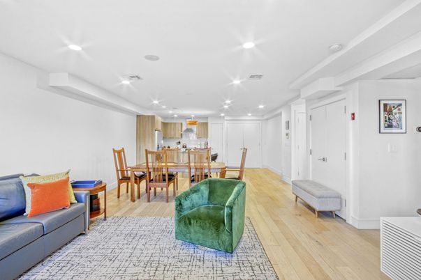 Dining room, Interior, Kitchen, Pendant Lights, Recessed Lighting, Wood Texture Flooring