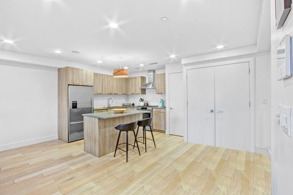 Interior, Kitchen, Pendant Lights, Recessed Lighting, Stainless Steel Appliances, Wood Texture Flooring