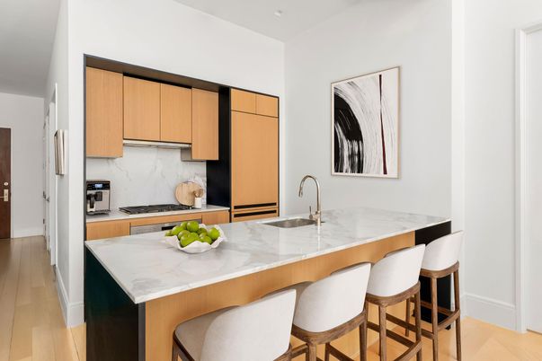 Interior, Kitchen, Marble Walls, Recessed Lighting, Stainless Steel Appliances, Wood Texture Flooring