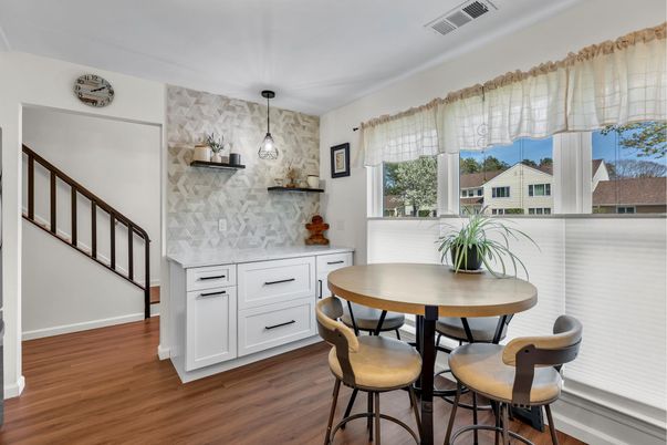 Dining room, Interior, Pendant Lights, Wood Texture Flooring