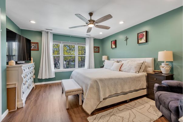 Bedroom, Interior, Recessed Lighting, Wood Texture Flooring