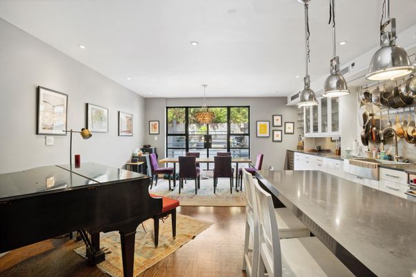 Dining room, Interior, Pendant Lights, Piano, Recessed Lighting, Wood Texture Flooring