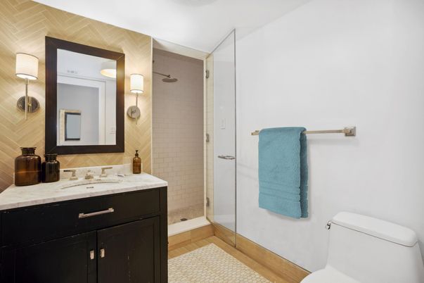 Bathroom, Glass Shower, Interior, Wood Texture Flooring