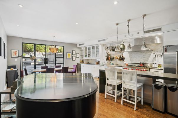 Chandelier, Dining room, Interior, Kitchen, Pendant Lights, Recessed Lighting, Stainless Steel Appliances, Wood Texture Flooring