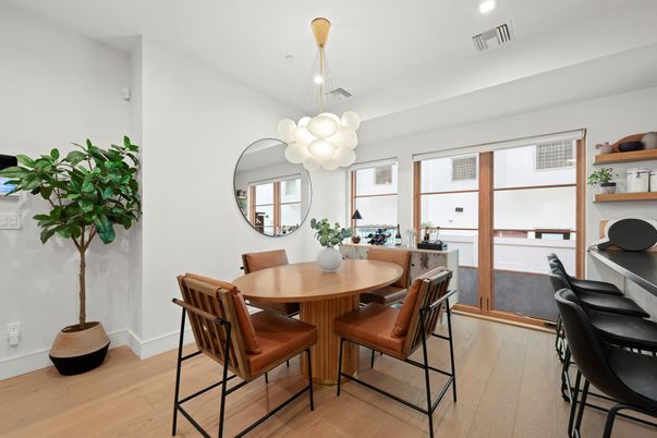 Dining room, Interior, Pendant Lights, Recessed Lighting, Wood Texture Flooring