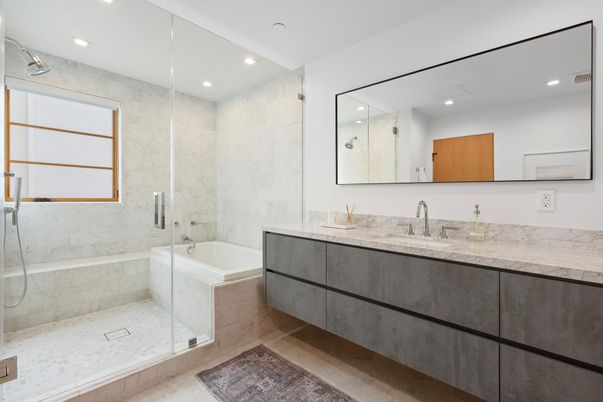 Bathroom, Glass Shower, Interior, Marble Walls, Recessed Lighting