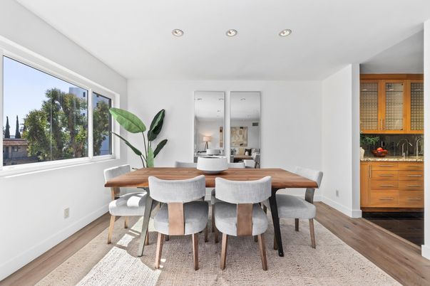 Dining room, Interior, Recessed Lighting, Wood Texture Flooring