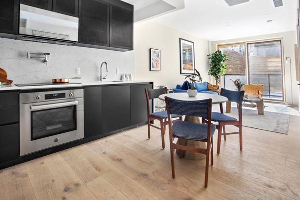 Dining room, Interior, Kitchen, Recessed Lighting, Stainless Steel Appliances, Wood Texture Flooring