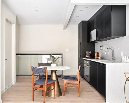 Dining room, Interior, Kitchen, Recessed Lighting, Wood Texture Flooring