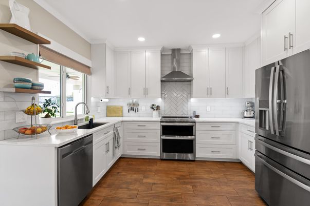 Interior, Kitchen, Recessed Lighting, Stainless Steel Appliances, Wood Texture Flooring