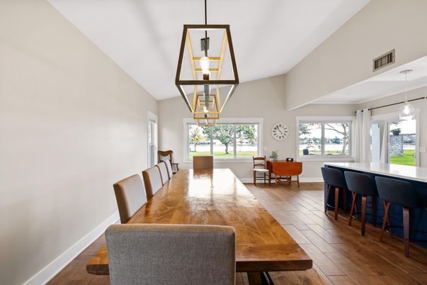 Dining room, Interior, Pendant Lights, Wood Texture Flooring