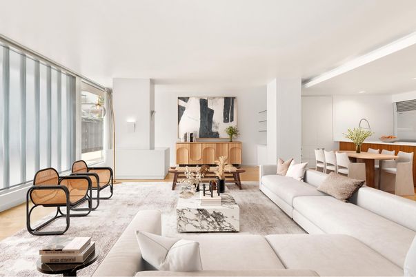 Dining room, Interior, Living room, Recessed Lighting, Wood Texture Flooring