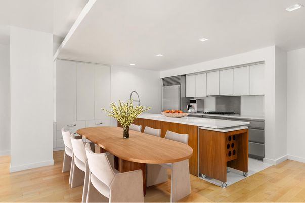 Dining room, Interior, Kitchen, Recessed Lighting, Stainless Steel Appliances, Wood Texture Flooring