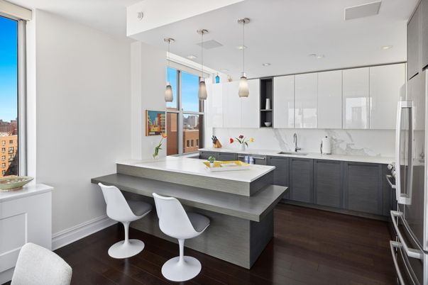 Interior, Kitchen, Marble Walls, Pendant Lights, Recessed Lighting, Stainless Steel Appliances, Wood Texture Flooring