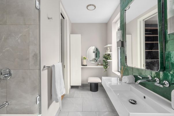 Bathroom, Glass Shower, Interior, Recessed Lighting