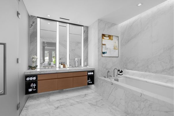 Bathroom, Dual Sink Vanities, Interior, Marble, Marble Walls, Recessed Lighting