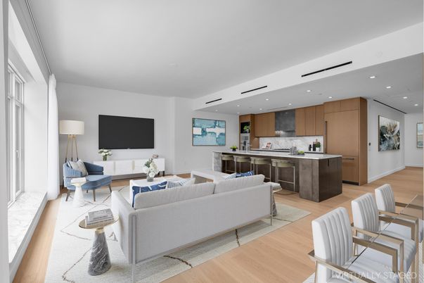 Interior, Kitchen, Living room, Recessed Lighting, Wood Texture Flooring