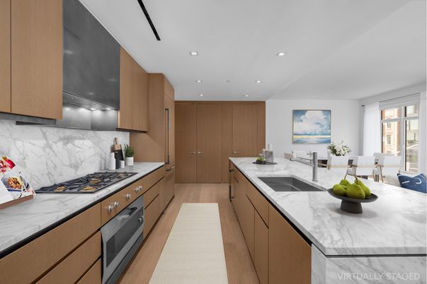 Interior, Kitchen, Marble Walls, Recessed Lighting, Wood Texture Flooring