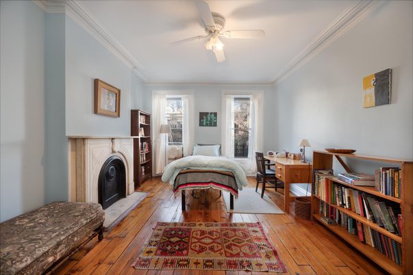 Bedroom, Fireplace, Home Office, Interior, Wood Texture Flooring