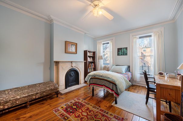 Bedroom, Fireplace, Home Office, Interior, Wood Texture Flooring