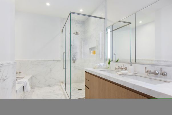 Bathroom, Dual Sink Vanities, Glass Shower, Interior, Marble, Marble Walls, Recessed Lighting