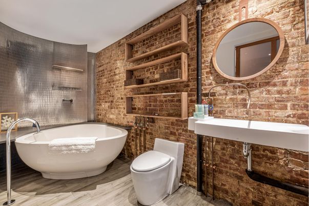 Bathroom, Free Standing Baths, Interior, Stone Walls, Wood Texture Flooring