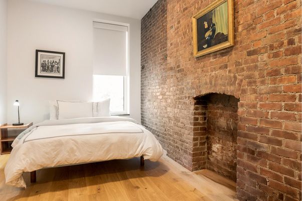 Bedroom, Fireplace, Interior, Stone Walls, Wood Texture Flooring