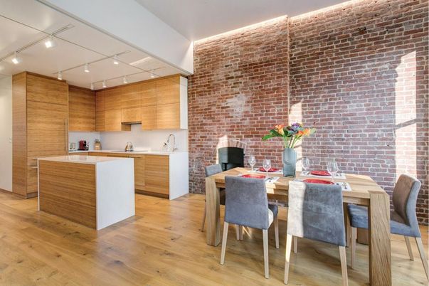Dining room, Interior, Kitchen, Recessed Lighting, Stone Walls, Wood Texture Flooring