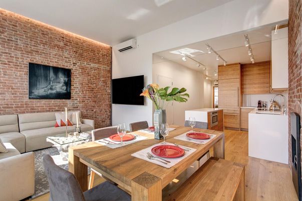 Dining room, Interior, Living room, Stone Walls, Wood Texture Flooring