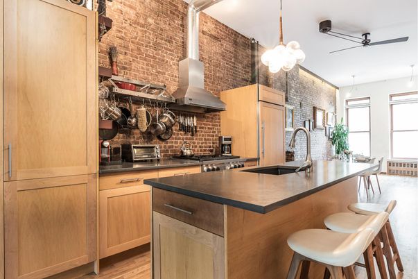 Interior, Kitchen, Pendant Lights, Stainless Steel Appliances, Stone Walls, Wood Texture Flooring