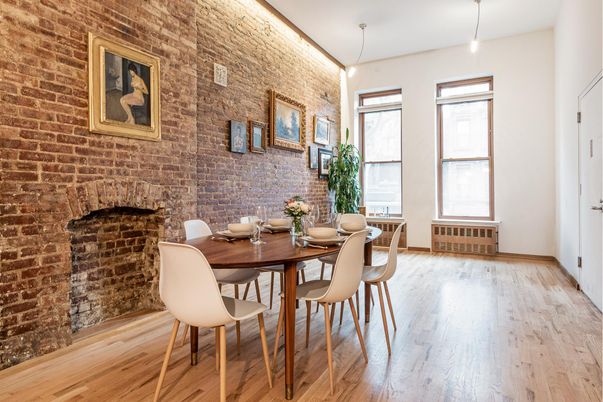 Dining room, Interior, Pendant Lights, Stone Walls, Wood Texture Flooring