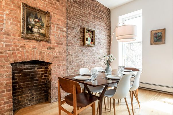 Dining room, Fireplace, Interior, Stone Walls, Wood Texture Flooring