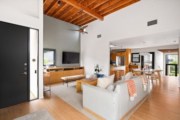 Dining room, Interior, Kitchen, Living room, Pendant Lights, Stainless Steel Appliances, Wooden Beams, Wooden Ceilings, Wood Texture Flooring