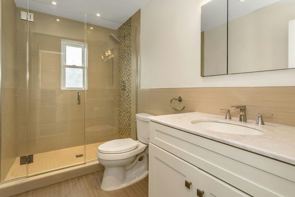 Bathroom, Glass Shower, Interior, Recessed Lighting, Wood Texture Flooring