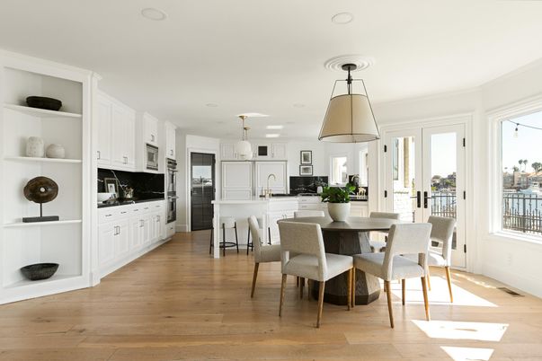 Dining room, Interior, Kitchen, Pendant Lights, Wood Texture Flooring