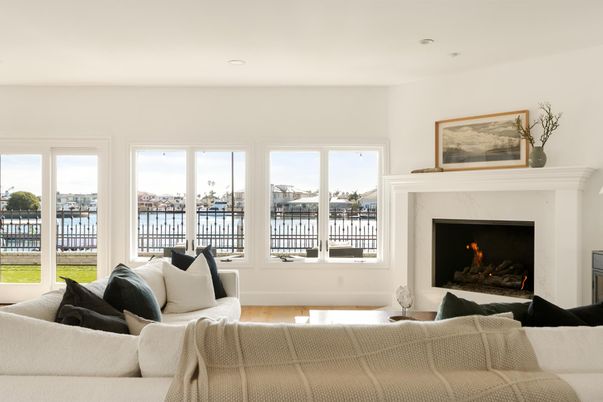Fireplace, Interior, Living room, Recessed Lighting, Water, Wood Texture Flooring